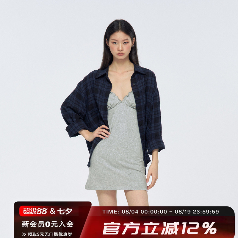 Archivum Retro Versatile Simple Plaid Shirt V-Neck Lace Dress Vest Mid-Length Skirt Slimming Suit