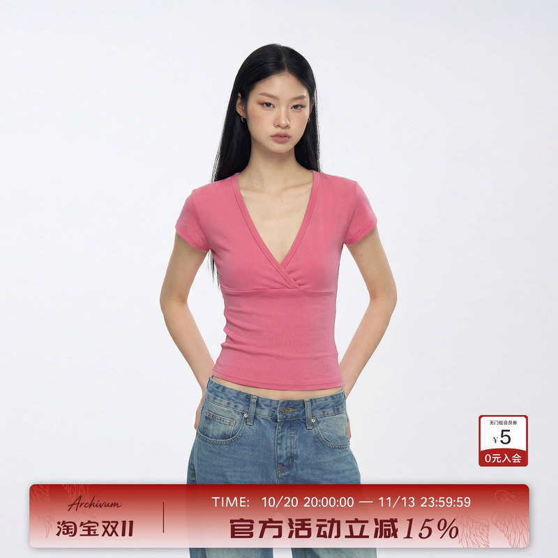 Archivum Basic Deep V-Neck Low-Cut Slim-Fit Base Short-Sleeve Slimming Tight-Fitting Sexy Versatile T-Shirt Top