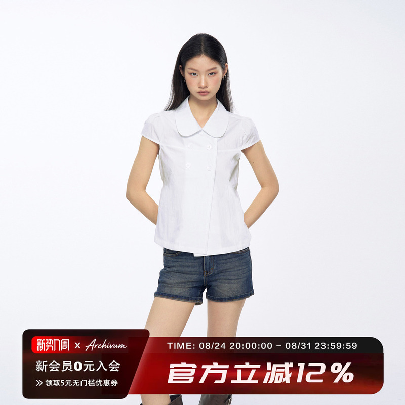 Archivum Summer Vintage Double-Breasted Shell Button Doll Collar Shirt with Waist-Cinching Design and Short Sleeves Archivum Summer Vintage Double-Breasted Shell Button Doll Collar Shirt with Waist-Cinching Design and Short Sleeves