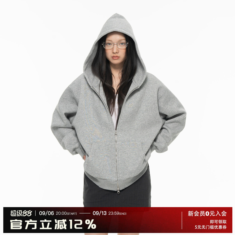 Archivum Gray Loose Oversized Hooded Pullover Sweatshirt for Women, Air Layer Oversize Thick Coat