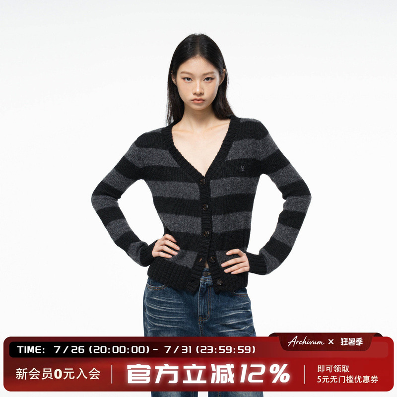 Archivum Black and Gray Striped Lazy-Style V-Neck Wool Blend Sweater Knitted Cardigan for Women, Autumn Slim-Fit Top, Trendy