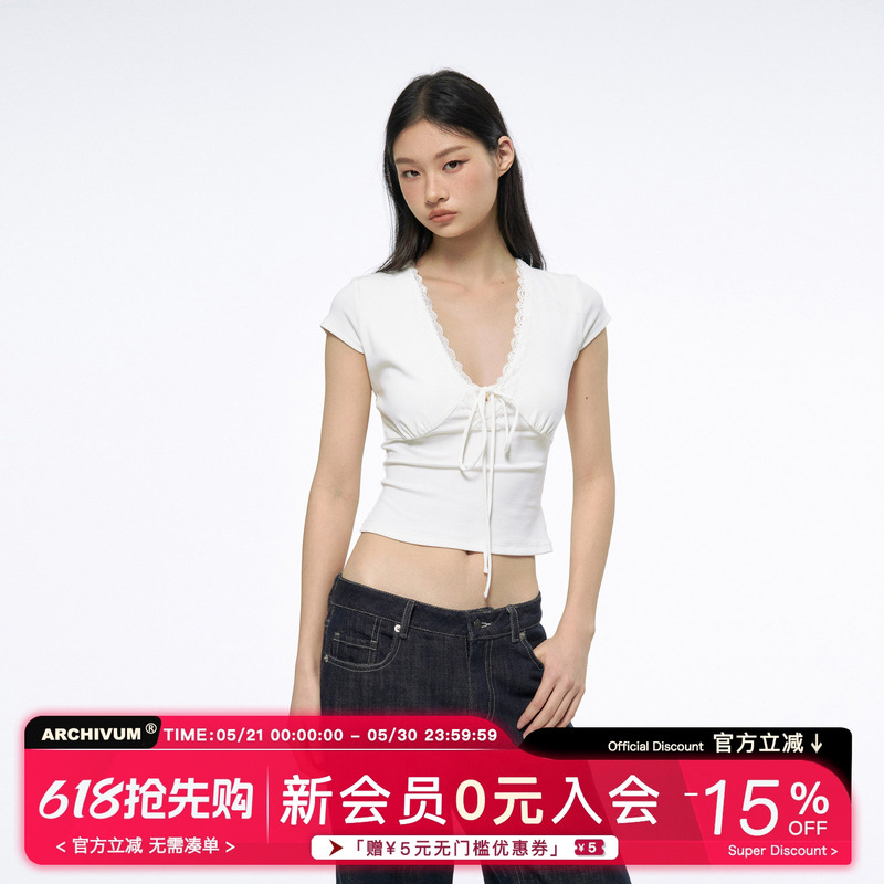 Archivum American-Style Deep V-Neck Lace-Trimmed Short-Sleeve Slim-Fit Sexy Versatile T-Shirt