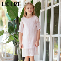 LiCiLiZi particle childrens clothing girl pink dress with middle sleeve round neck retro Chinese style summer embroidered skirt