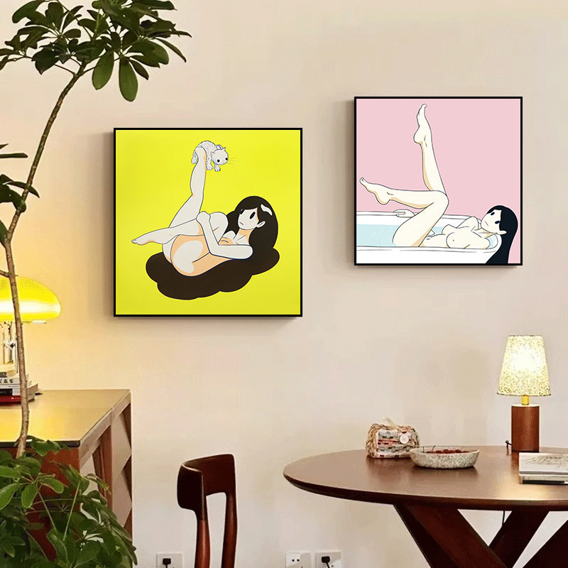 Amano Ken's Hanging Painting on the Theme of Female Beauty, Venus and Cat Decorative Painting, Girls' Room Bedroom Wall Decoration Painting
