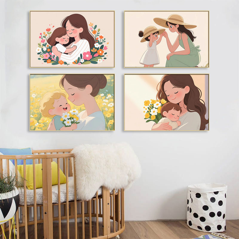 Wall Decoration Painting for Mother and Baby Room, Postpartum Center, Baby Room, Cozy Cartoon Animation Bedroom, Mom Holding Baby Hanging Painting