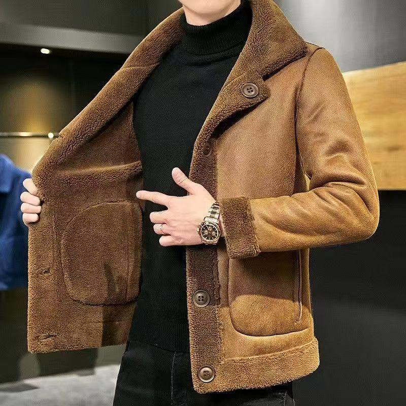 Premium Clearance Winter Reversible Lapel Jacket Men's Leather and Fur Integrated Fleece-Lined Thickened Cotton Coat Men's Outerwear