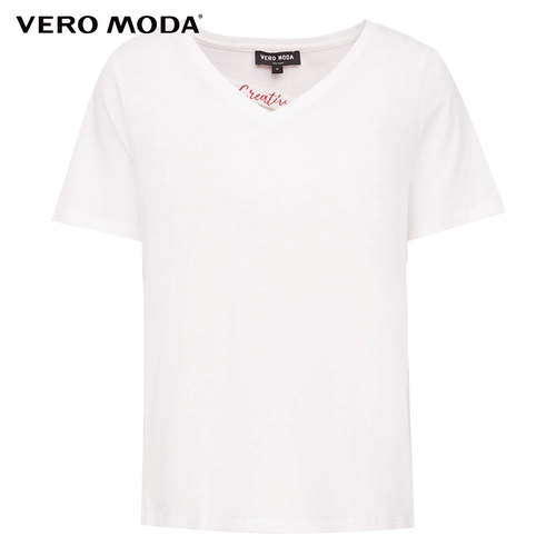 Vero Moda Летняя хлопковая футболка, V-образный вырез, с вышивкой