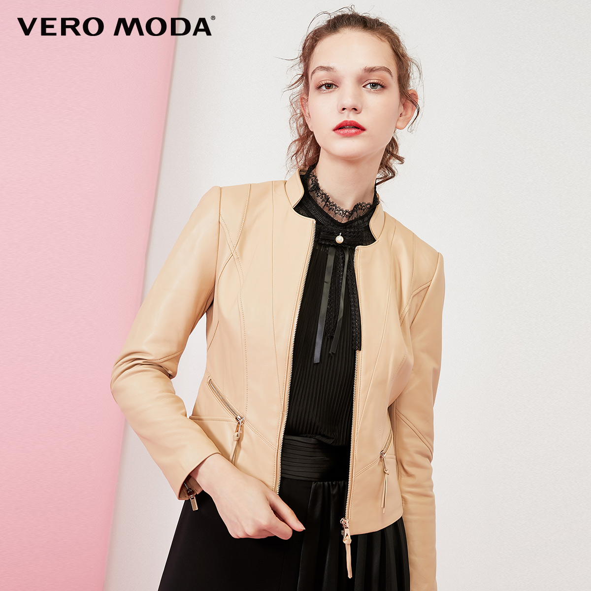 Vero Moda Cừu Da Chỉ khâu bao bì thiết kế ngắn Da Girl) 319310531