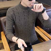 Semi-high neck sweater men Korean version of slim solid color base shirt men autumn and winter trend personality plus velvet padded sweater men