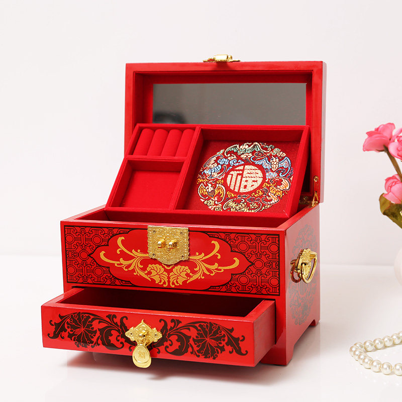 Three gold dowry storage box dowry red jewelry box hand ornament makeup jewelry box bride wedding high-end dresser box