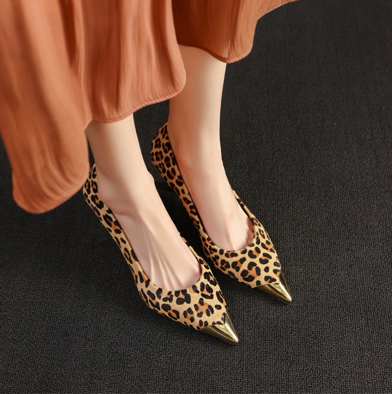 European and American Style Fashion Party High Heels for Women, New Autumn Leopard Print Shallow Patent Leather Metallic Single Shoes