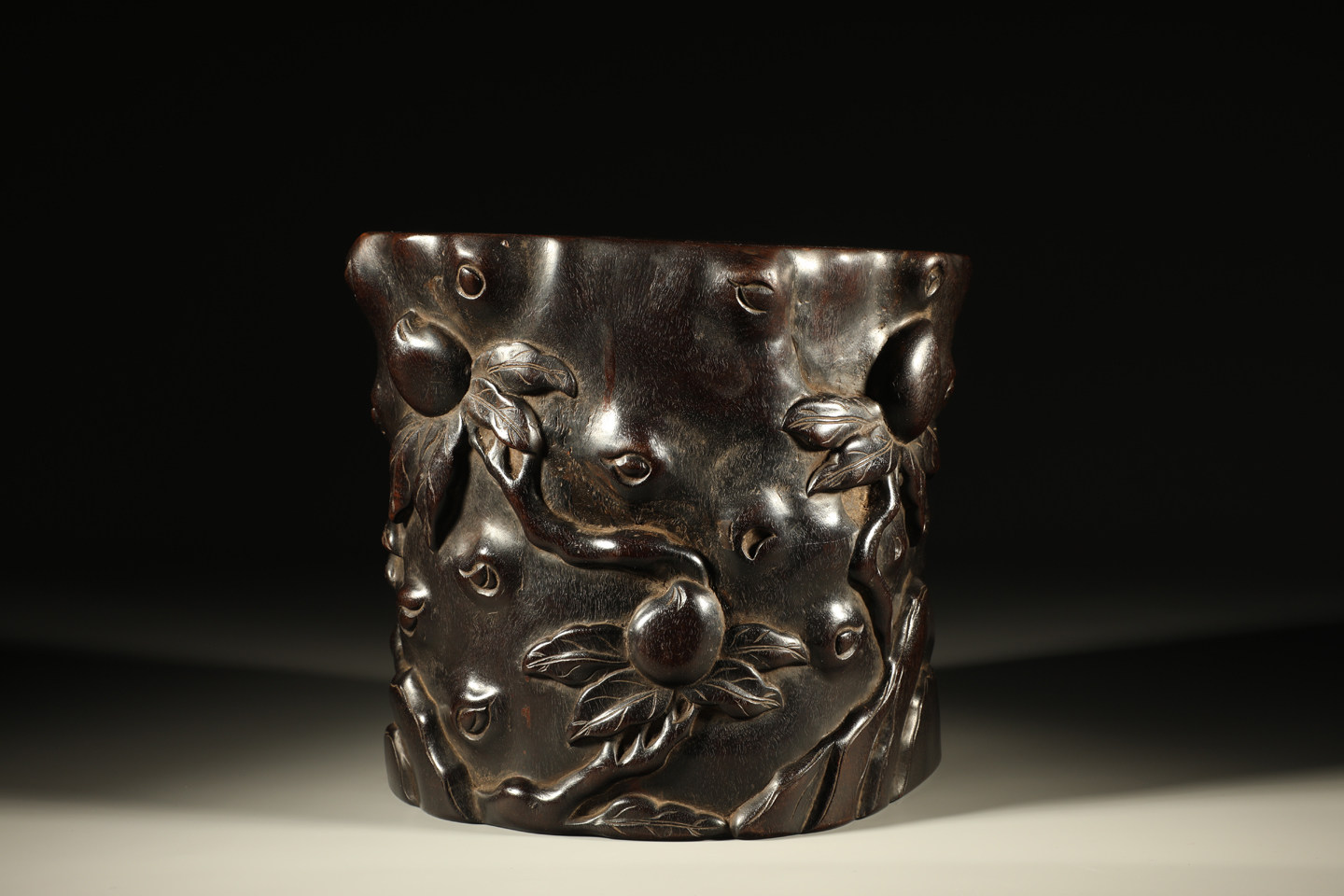 老紫檀の木彫 花開富貴大筆筒 清時代 極細工 手彫り 古賞