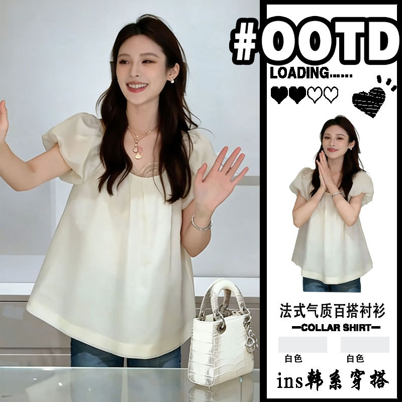 French-Style Plus-Size White Puff-Sleeve Shirt for Women, Summer 2026 New Satin Babydoll Top, Slimming Casual Shirt French-Style Plus-Size White Puff-Sleeve Shirt for Women, Summer 2026 New Satin Babydoll Top, Slimming Casual Shirt