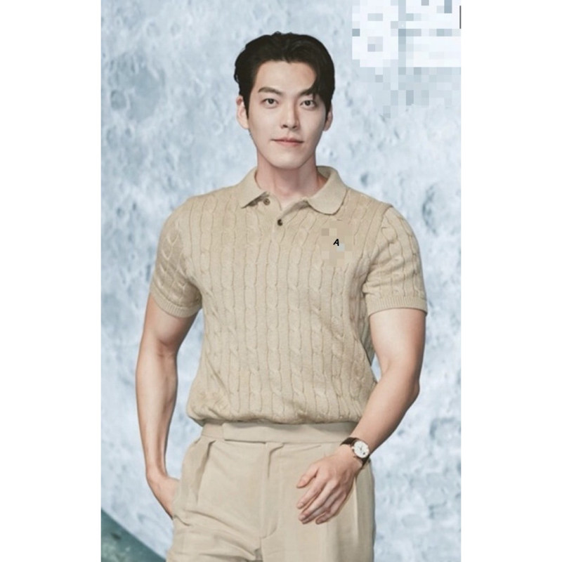 Men's Camel-Colored Cable Knit Lapel Short-Sleeve Shirt
