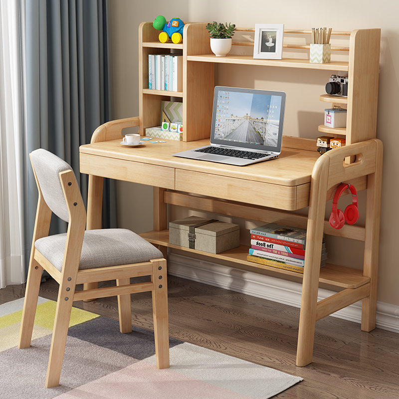 Solid wood Nordic desk with bookshelf Middle school student desk bedroom simple learning home computer desk children's desk