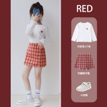 Foreign style suit girls 2021 new summer casual short sleeve plaid T-shirt high waist skirt two-piece set