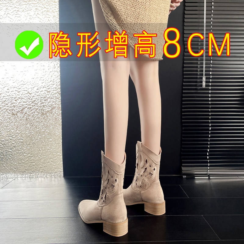 8cm Height-Increasing Short Boots for Petite Women, Hollow-Out Summer Retro Brown Western Cowboy Boots, Slimming V-Cut High-Heeled Boots
