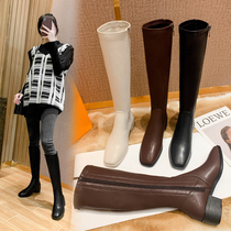 Long cylinder boot 2020 new square head slim boot female coarse heel white brown net red long boots though knee-soft leather boots