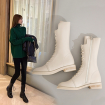 Boots female midcylinder boots flat bottom white Martin boots slim boots with small subshort drum lace Inn wind short boots