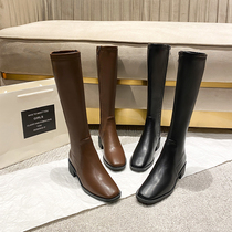 Brown Woman Boots Long Drum Boot Retro Conspiculean Thick Heel High Heel Small Subblack Square Head Rider Boot Midcylinder Side Zip