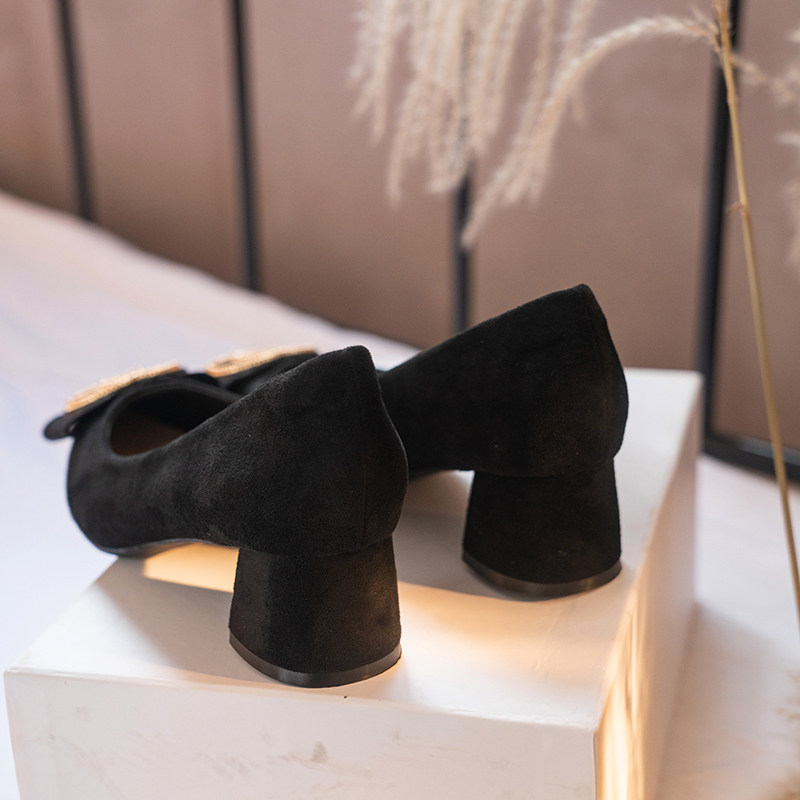 Small code women shoes 313233 single shoes shallow mouth pointed black high heel slope heel rough heel spring and autumn square button suede face