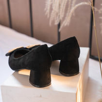 Small code women shoes 313233 single shoes shallow mouth pointed black high heel slope heel rough heel spring and autumn square button suede face