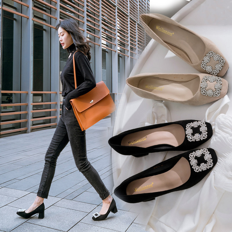 Small size women's shoes 313233 Single shoe coarse heel Short heel Slope heel Spring and autumn shallow square head black square button suede face