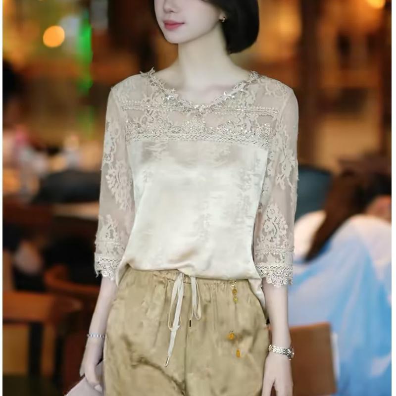 Jacquard Fashion Lace V-Neck Patchwork Top for Women, New Summer Style, Chic and Beautiful Three-Quarter Sleeve Blouse, Versatile Shirt