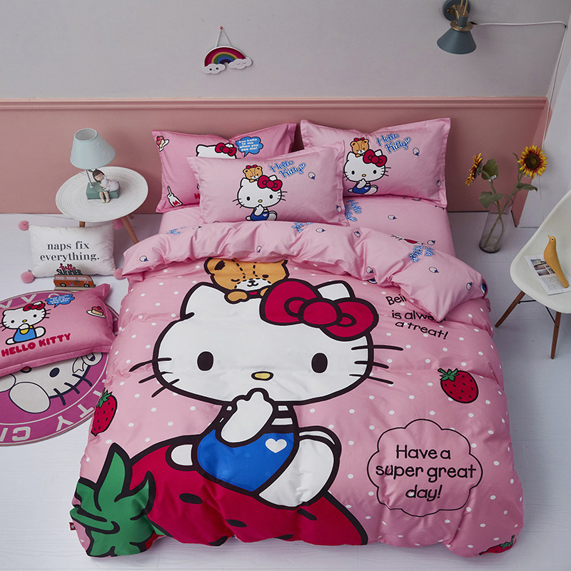 Hello kitty four-piece cotton girl pink quilt cover children's cartoon three-piece Hello cotton bed sheet