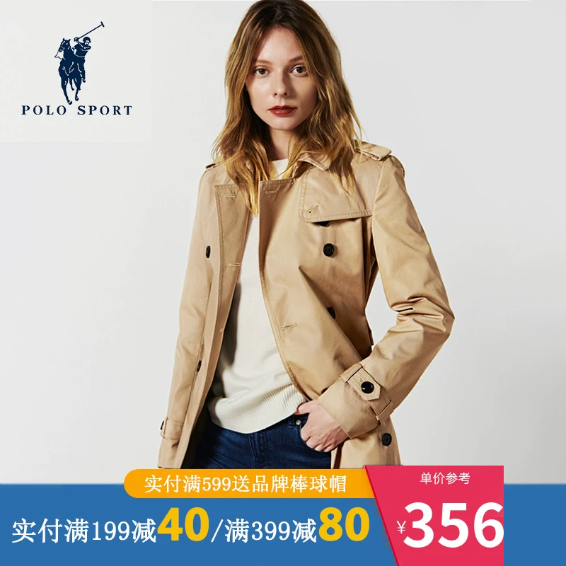 áo polo thể thao mùa thu mới áo hai dây ngực phụ nữ phong cách Anh thắt lưng áo dài - Trench Coat