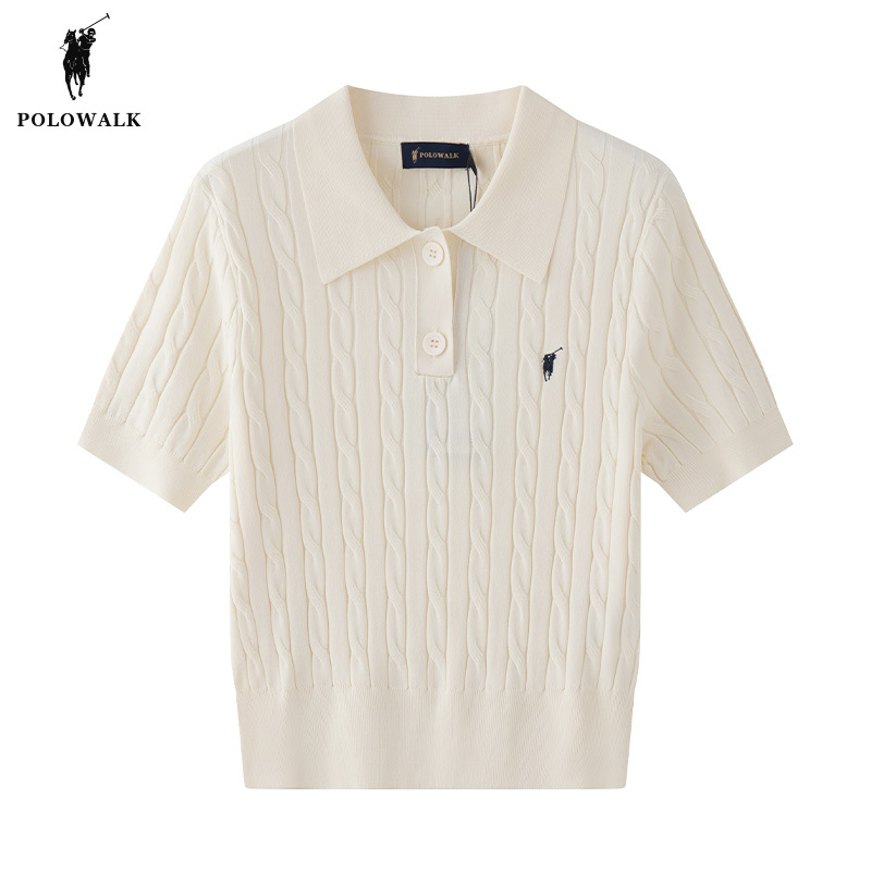 Polowalk Knitted Short-Sleeved Polo Shirt for Women, New Summer Style, Stylish Half-Sleeve Polo Shirt with a Turn-Down Collar and Cable Knit Design