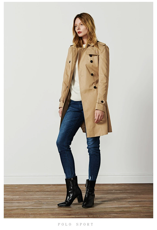 áo polo thể thao mùa thu mới áo hai dây ngực phụ nữ phong cách Anh thắt lưng áo dài - Trench Coat