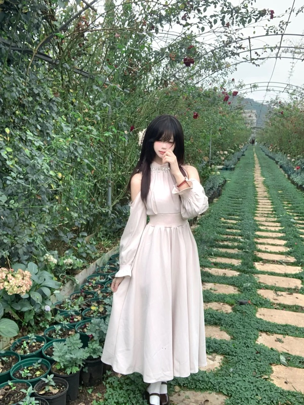 Sweetheart French-Style Gentle and Sweet Long-Sleeve Pink Dress for Women, New Spring Collection, Off-Shoulder, Waist-Cinching, Slimming Long Dress