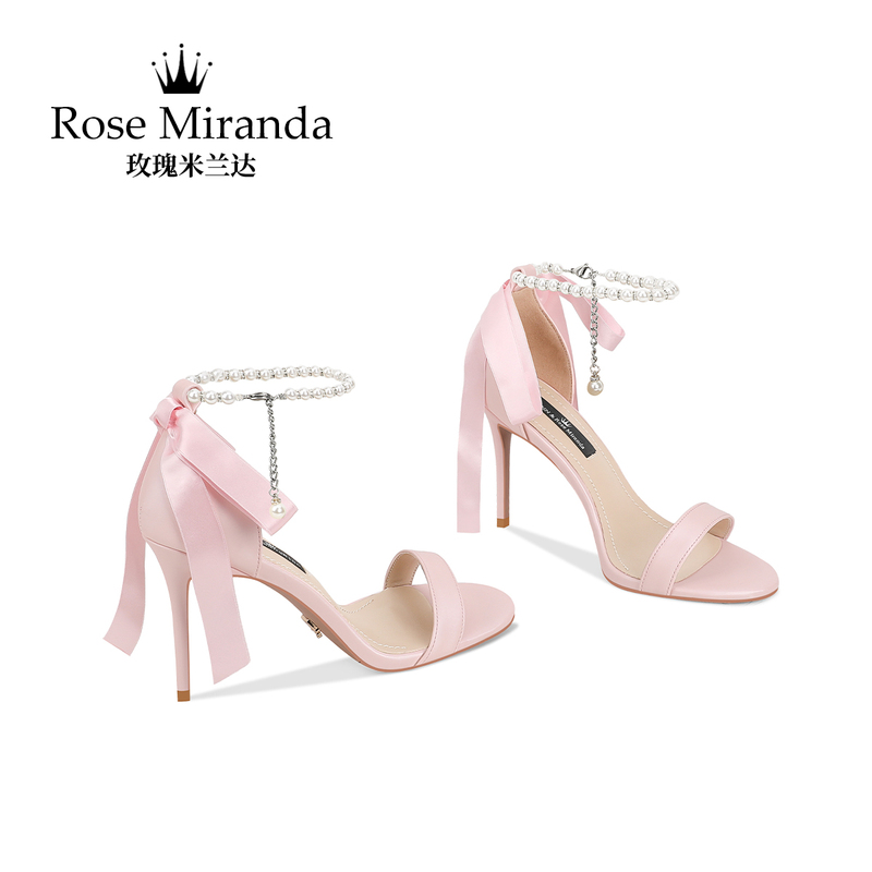 Rose Miranda High Heels Light Pink Summer Heel Pearl Chain Ribbon Round Toe Sandals
