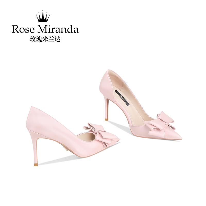 Rose Miranda High Heels Pink Stiletto Sweet Style Bow Pointed Toe Side Hollow Sandals