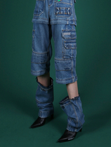 Meijia Fuzzykon heavy industry retro multi-pocket three-cut detachable jeans