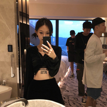 Beauty Fuzzykon gold velvet black sexy slim slim Korean version of V-neck umbilical long-sleeved top