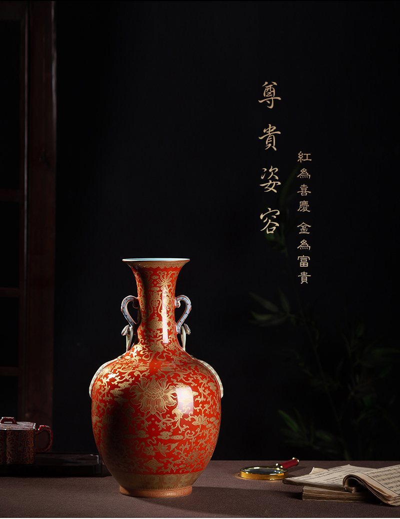 Jia lage jingdezhen ceramic vase YangShiQi hand - made alum red paint in a branch grain satisfied double ears