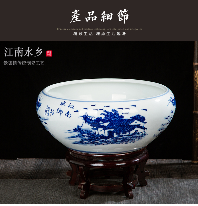 Jingdezhen blue and white ceramics tank cylinder tortoise flowerpot XiCha wash water is shallow