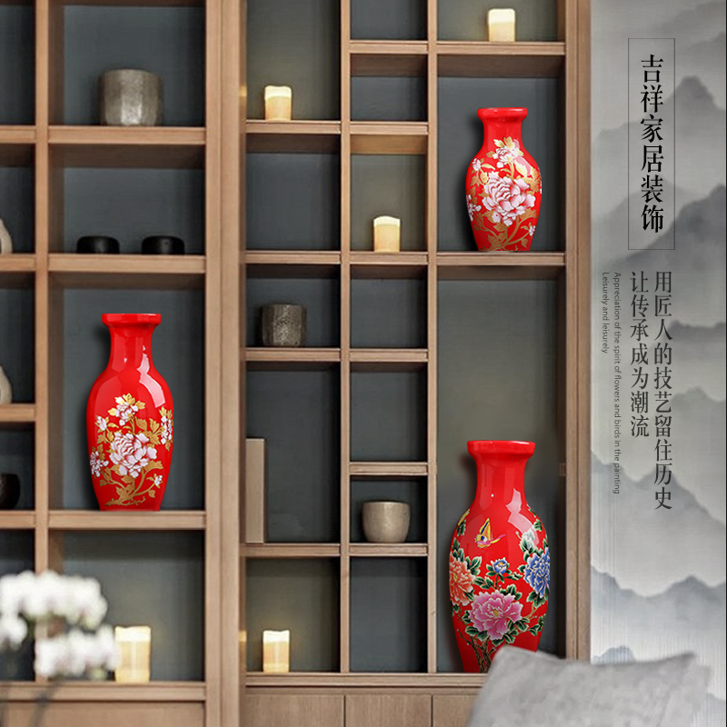 Jingdezhen ceramic Chinese red festive red vase TV ark adornment style dry vase for Buddha furnishing articles