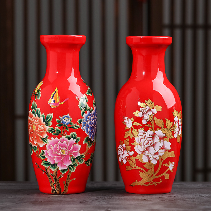 Jingdezhen ceramic Chinese red festive red vase TV ark adornment style dry vase for Buddha furnishing articles