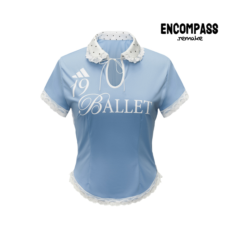 Adidas Remake Girls' Ballet Style Lace Polka Dot Polo Collar Short Sleeve Blue Women's Encompass