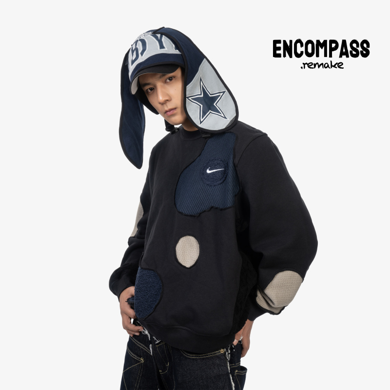 Nike Remake Material with Contrasting Color Stitching, Round Neck Fleece-Lined Sweatshirt, Same Style for Men and Women Encompass