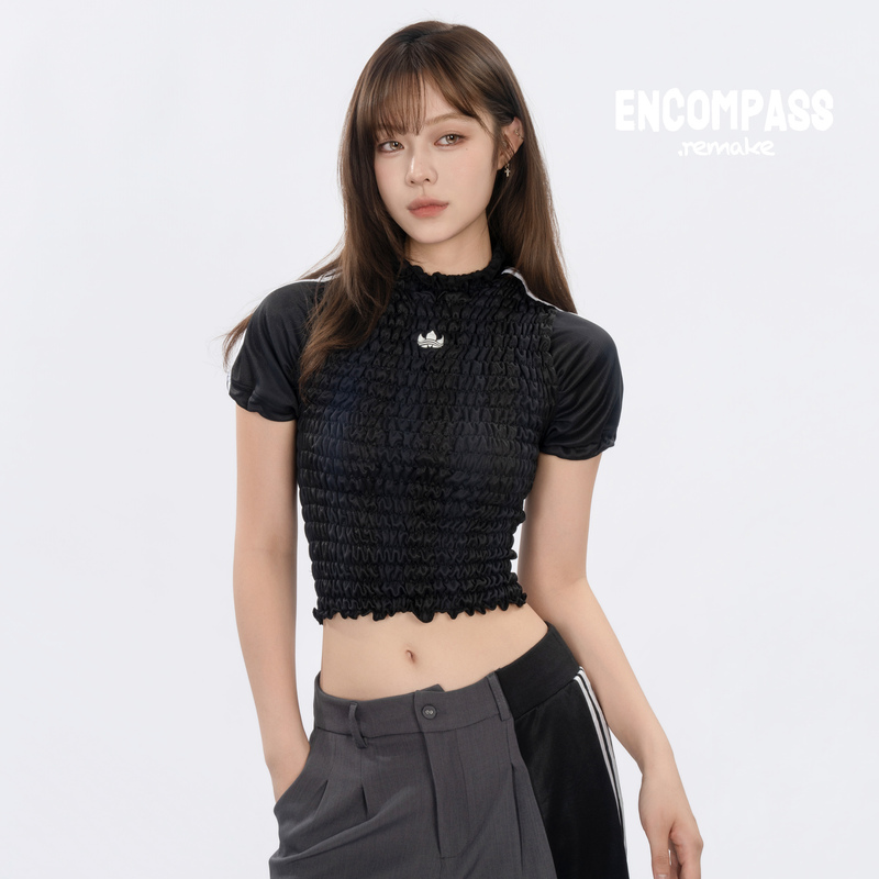 Adidas Remake Black Pleated Tight-Fitting Short-Sleeved T-Shirt Women's Casual Top Encompass