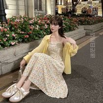 Floral chiffon suspenders dress Women summer 2021 New French gentle first love skirt slim set long dress