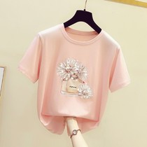 Large breasted girl with slim blouses pure cotton reworked little daisy T-shirt woman short sleeve 2022 summer nail beads sequin print Z 