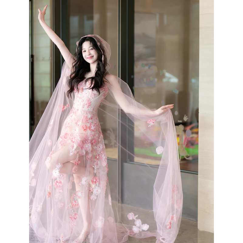 Bride's Wedding Morning Robe, Sheer Veil, Sexy Girl Group Dance Short Dress, Birthday Party Mini Dress