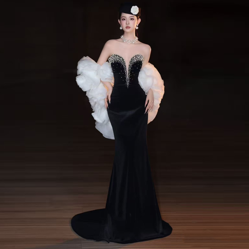 Annual Meeting Evening Dress Black Velvet High-End Light Luxury Host Shawl Socialite Party Strapless Gown with Train