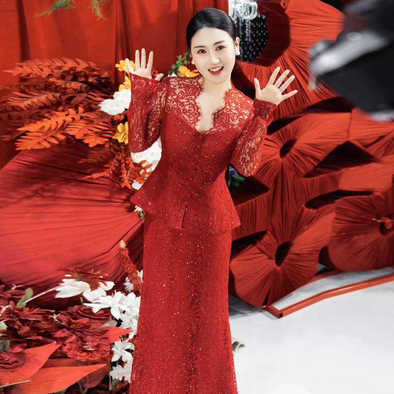 High-End Lace Long-Sleeved Cheongsam Fishtail Dress Burgundy Engagement Dress New Chinese Style Morning Gown Toast Dress Bride Wedding
