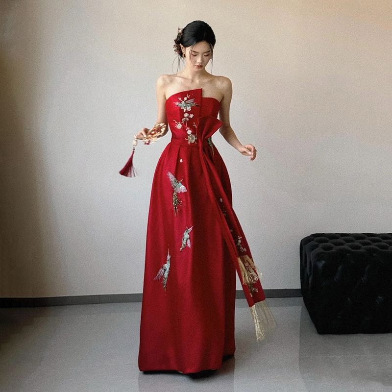 Chinese-Style Plus-Size Maternity Toast Dress in Burgundy, High-End Heavy Craftsmanship Bridal Wedding Dress, New Chinese-Style Engagement Dress, Morning Gown Chinese-Style Plus-Size Maternity Toast Dress in Burgundy, High-End Heavy Craftsmanship Bridal Wedding Dress, New Chinese-Style Engagement Dress, Morning Gown